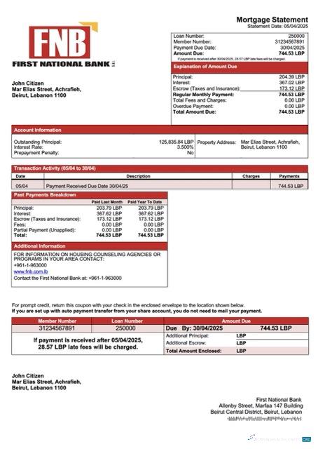 Download Lebanon First National Bank mortgage statement Word and PDF template Photoshop template